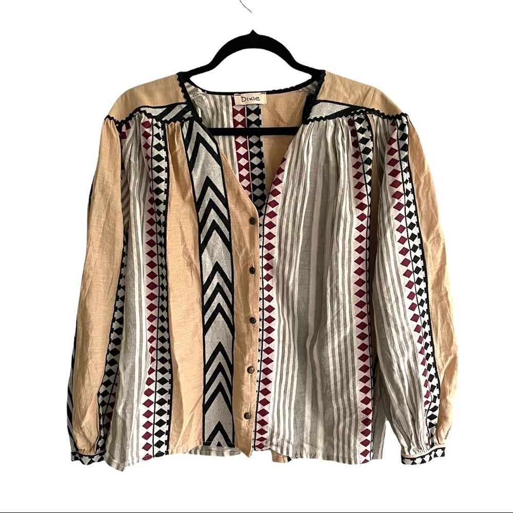 DIXIE Cotton Blend Oversized Button Front Blouse With Design Print S